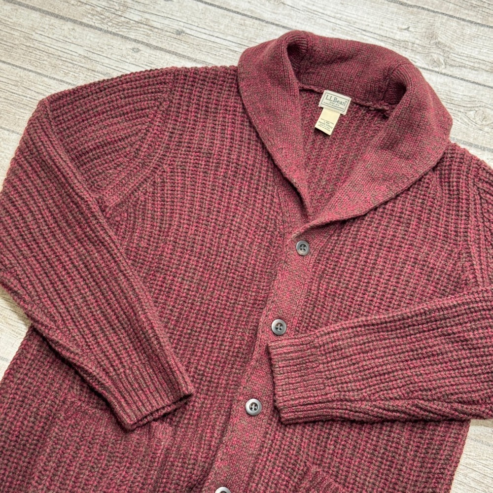 Vintage 90s LL Bean Sweater Mens L Burgundy Lambswool Shawl Collar Knit Cardigan